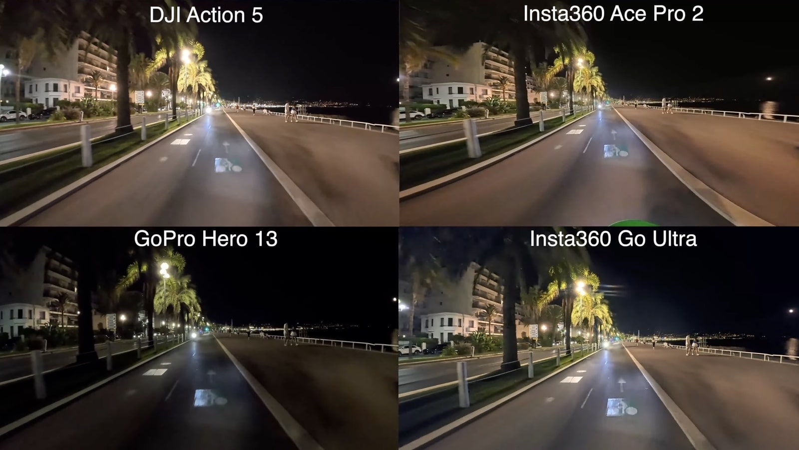 Four-way night driving comparison between the Go Ultra and three rival cameras.