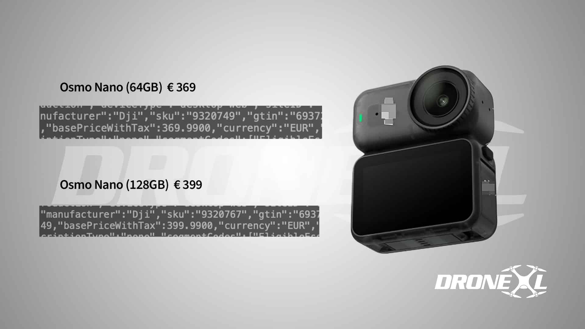 Leaked retail listing showing Osmo Nano prices of 369 and 399 euros.