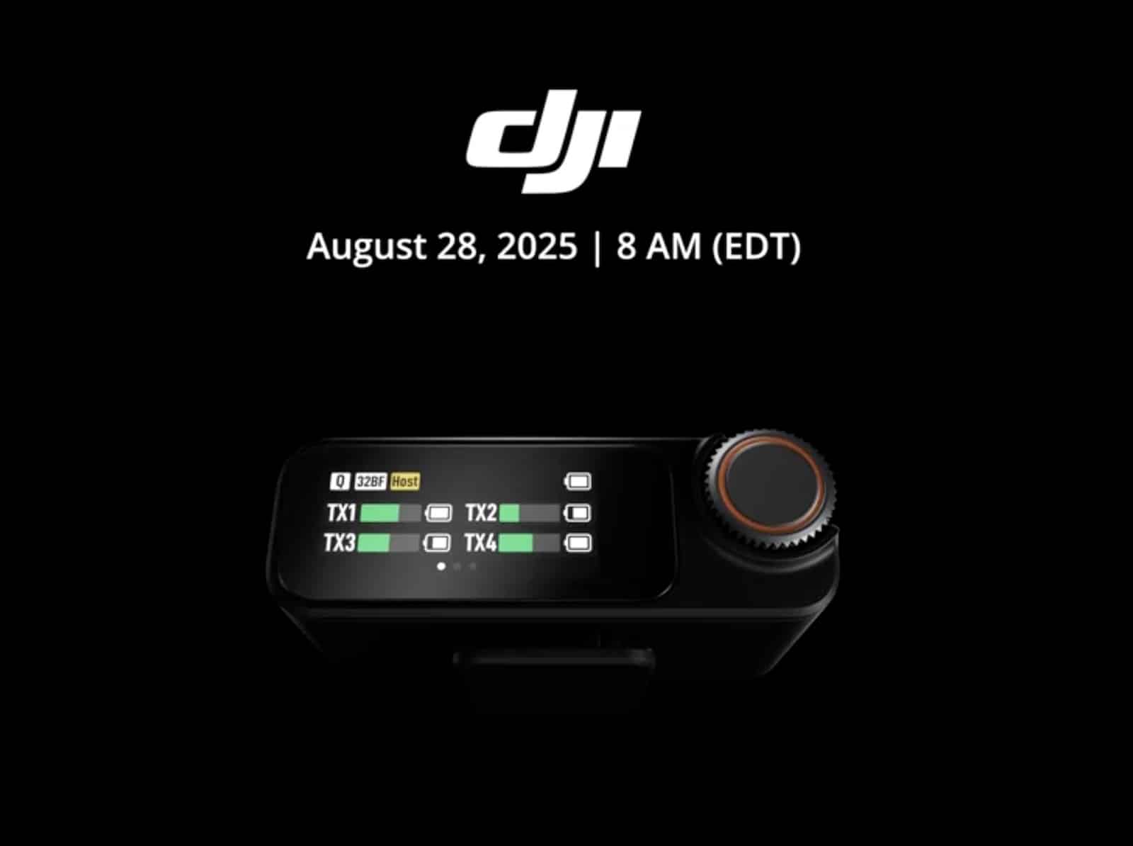 DJI teaser slide dated August 28 showing a receiver with four transmitter channels.