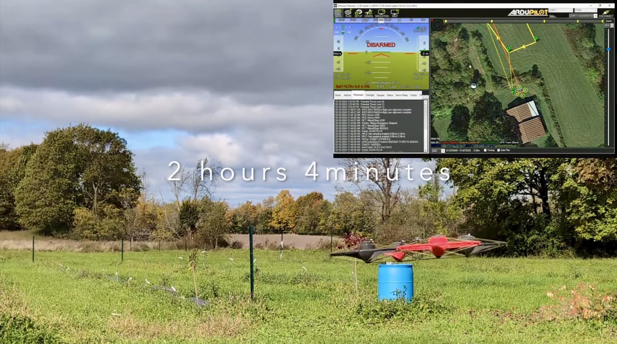 A red modular drone hovers over a field beside a 2 hours 4 minutes endurance caption.