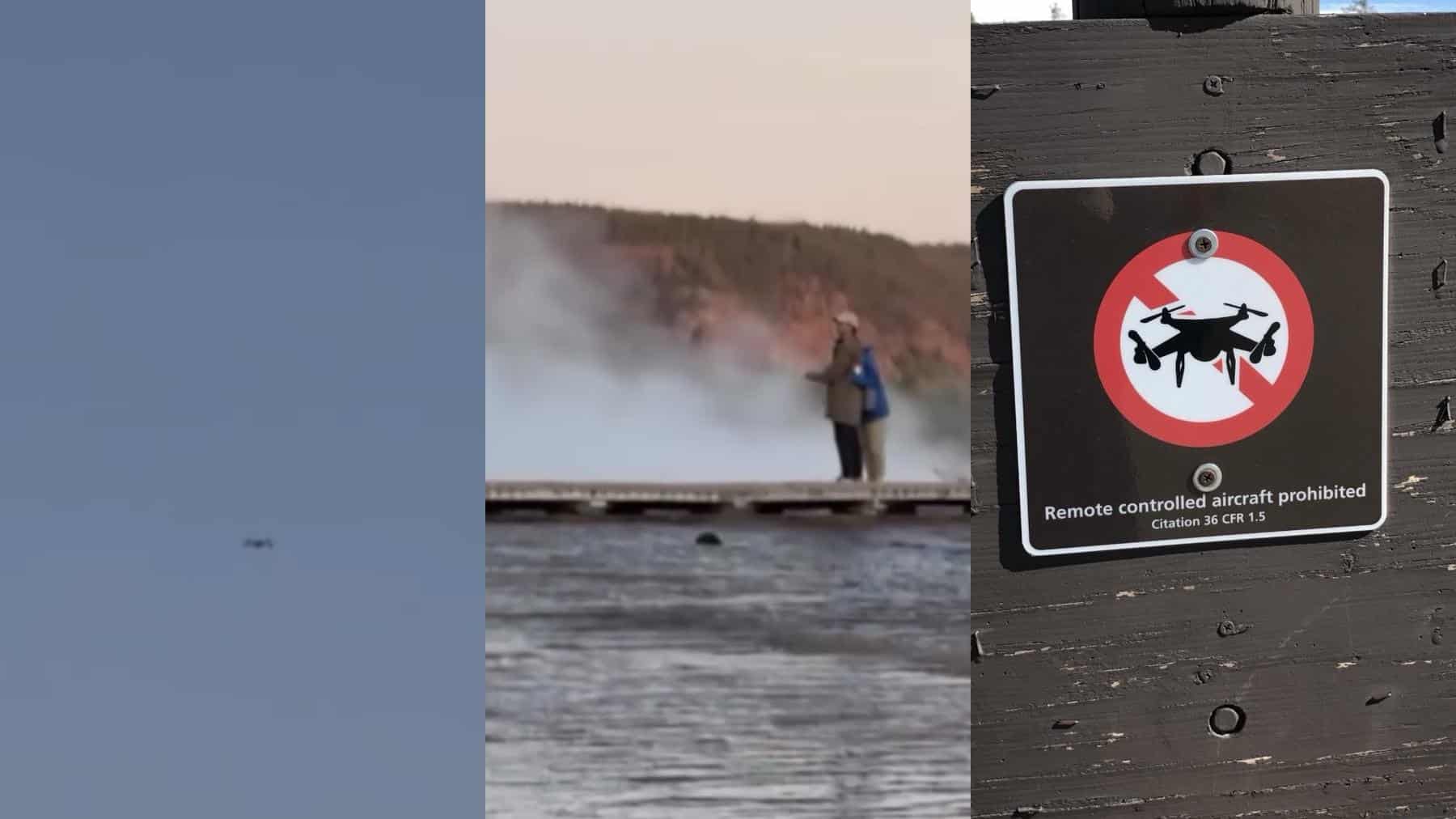 Composite of a distant drone, a boardwalk beside a steaming spring and a no-drone sign.