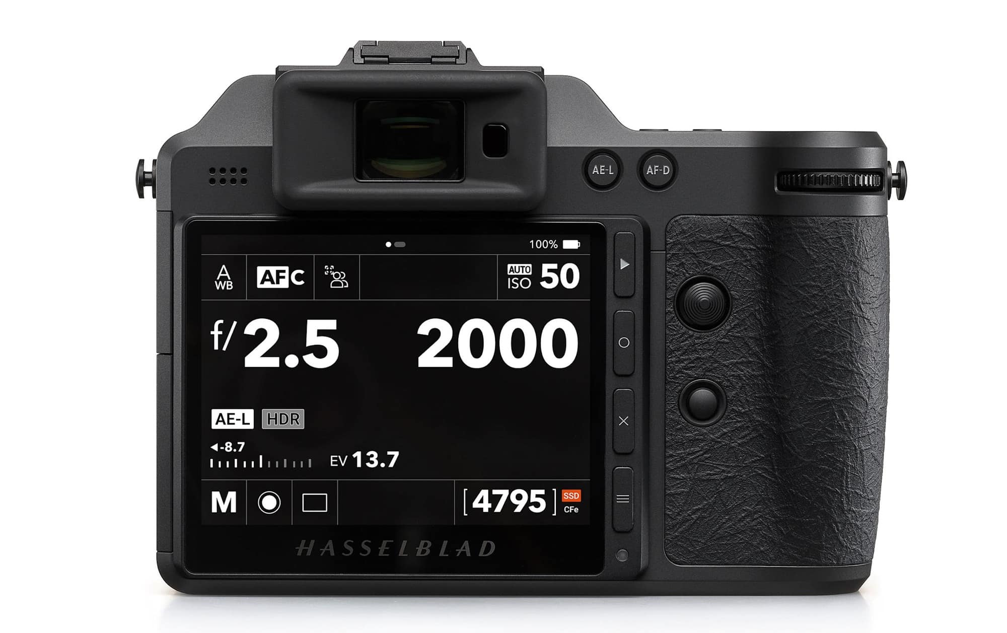 Rear of the camera showing the touch display set to f/2.5, 1/2000 and ISO 50.