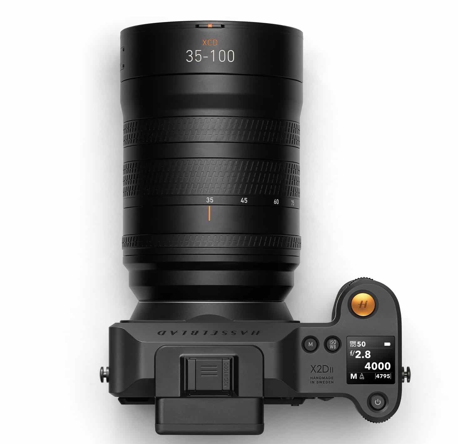 Top-down product view of the body and zoom with the orange shutter release visible.