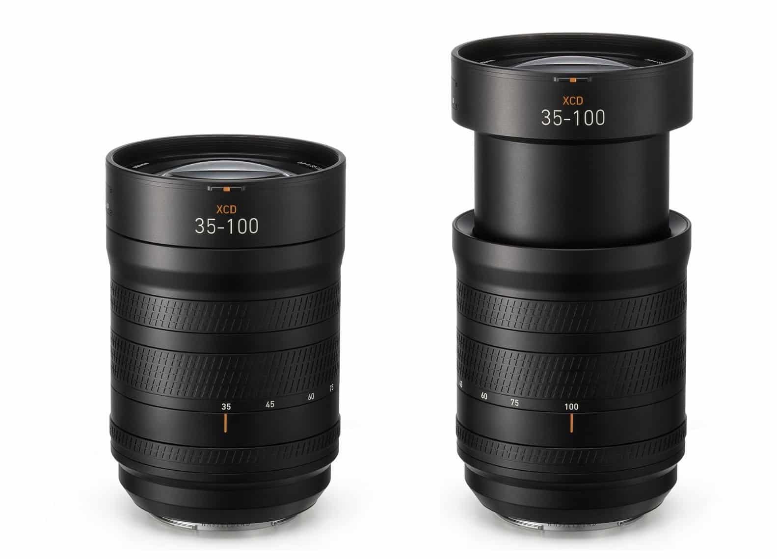 The XCD 35-100E zoom shown retracted at 35mm and extended to 100mm.