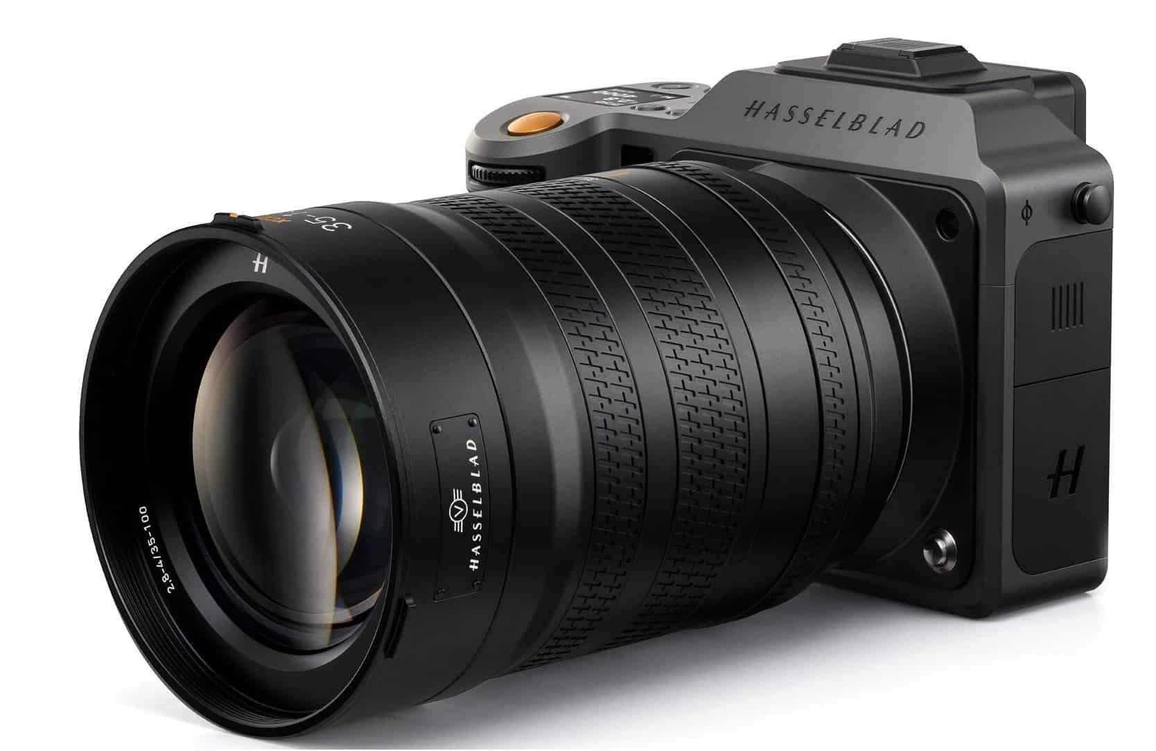 Three-quarter product shot of the body fitted with the XCD 35-100E zoom lens.
