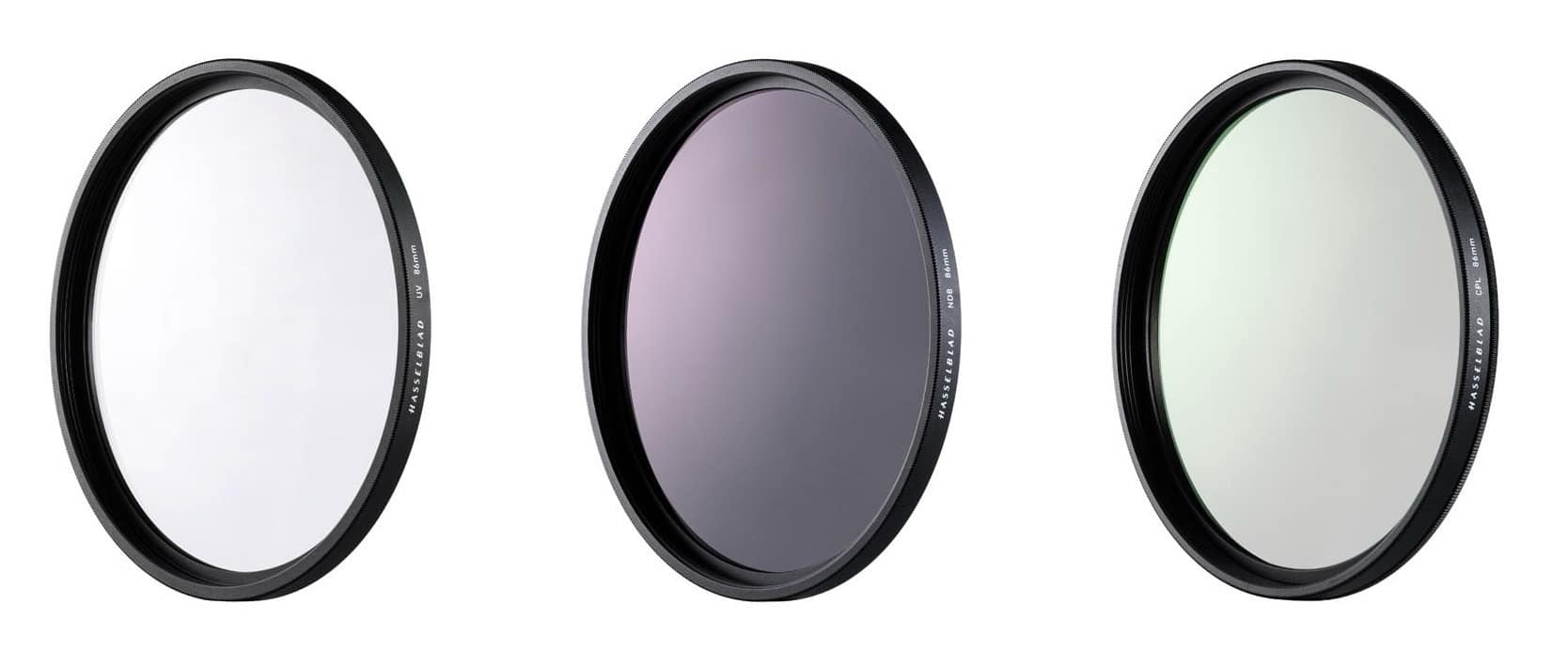 Three 86mm filters in a row: clear ultraviolet, neutral density and polarizer.