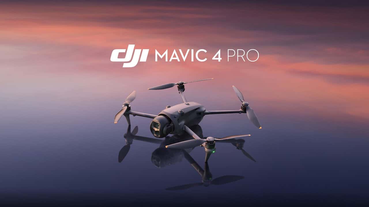 Promotional shot of a DJI Mavic 4 Pro flying against a pink and violet sky.