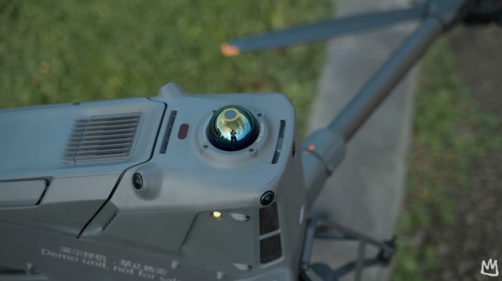 Close-up of the lidar and radar sensor dome above the aircraft body.
