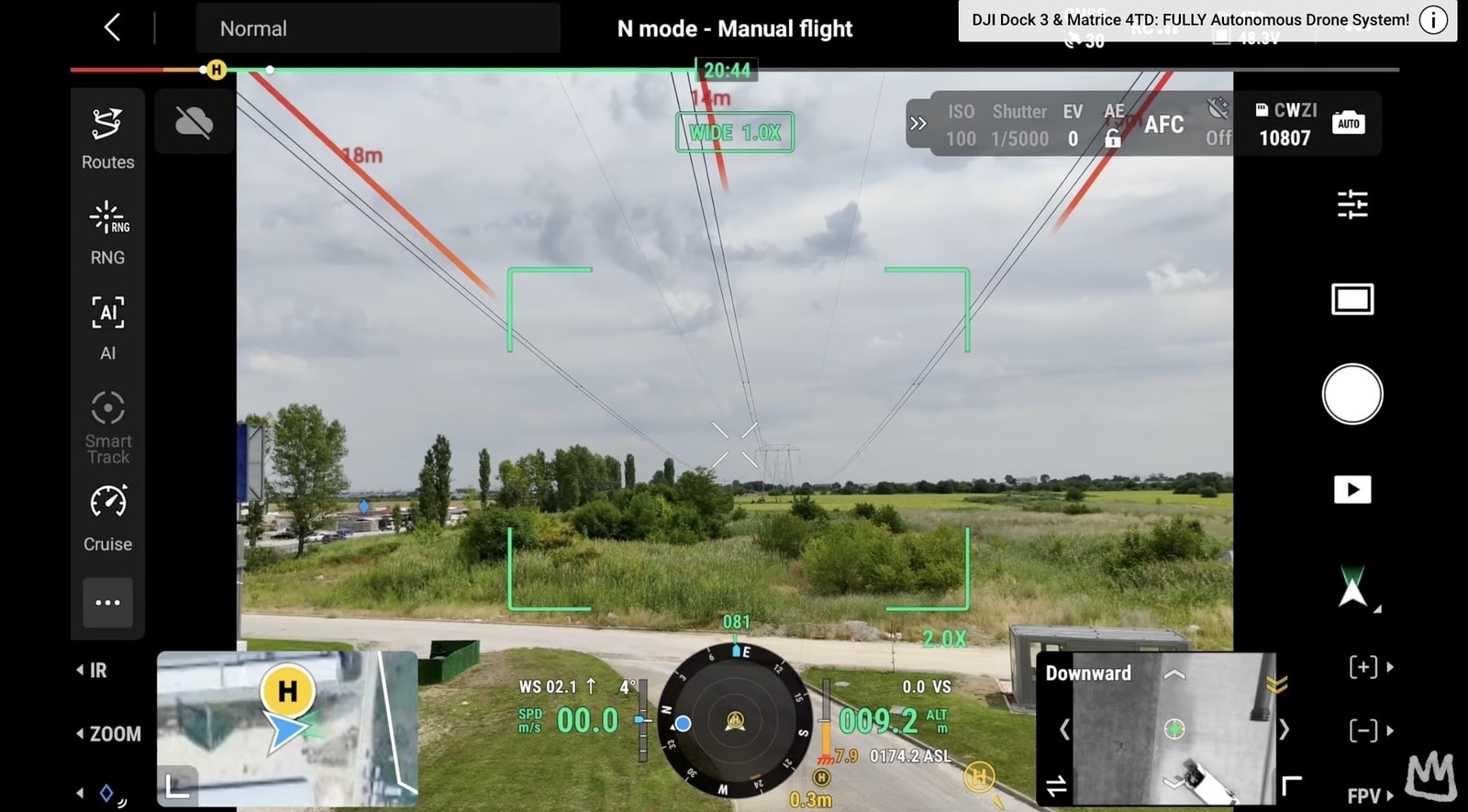 Flight screen highlights detected power lines ahead during manual flight.