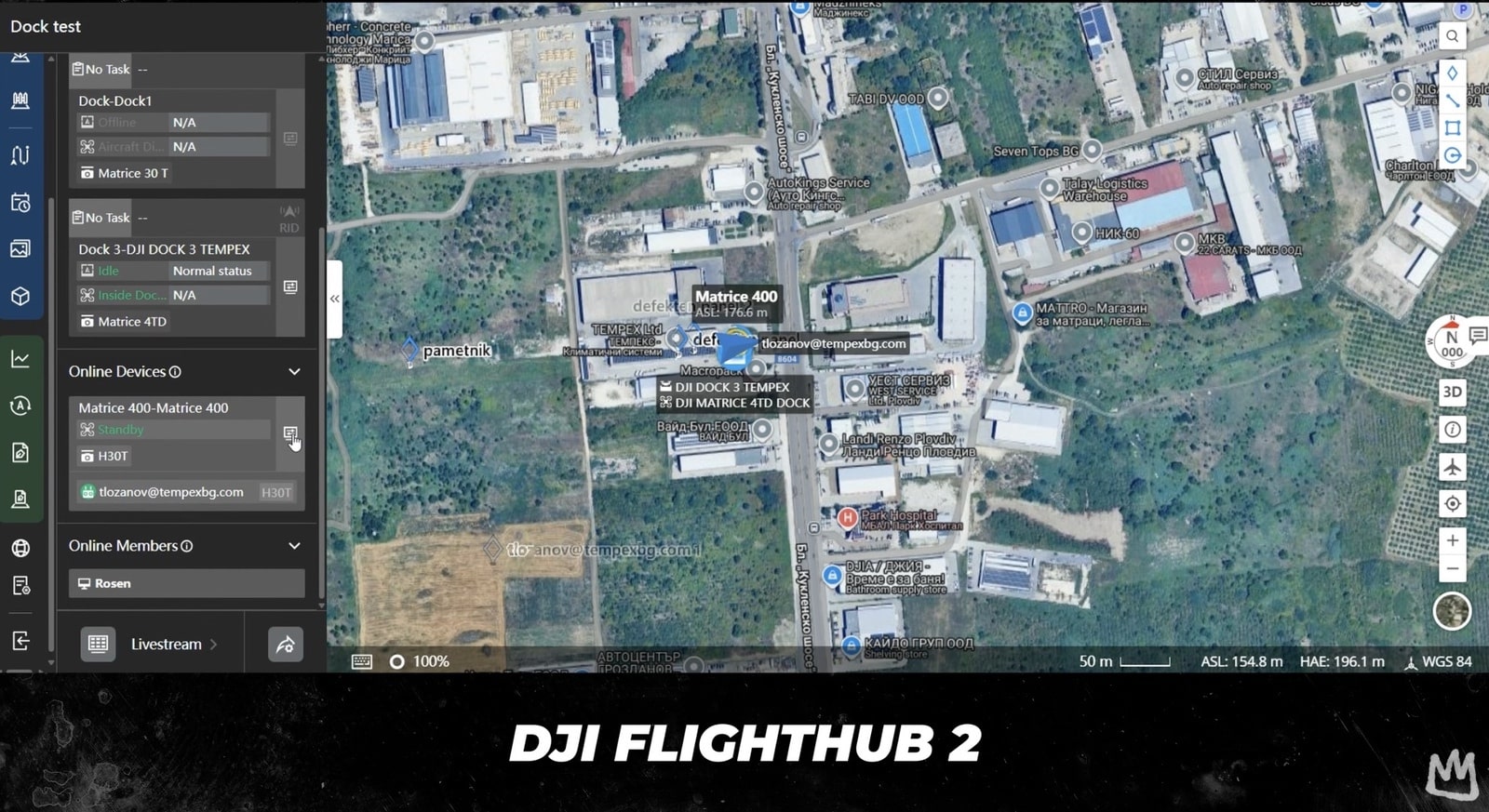 Screenshot of DJI FlightHub 2 showing a satellite map and connected devices.