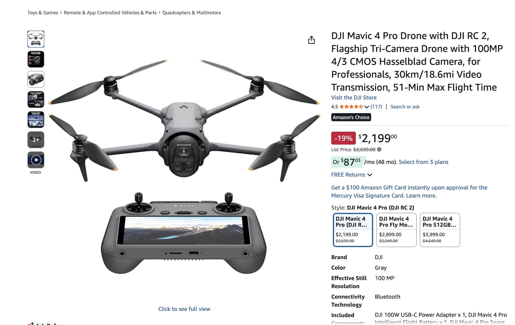 Amazon listing for the DJI Mavic 4 Pro showing a 19 percent discount.