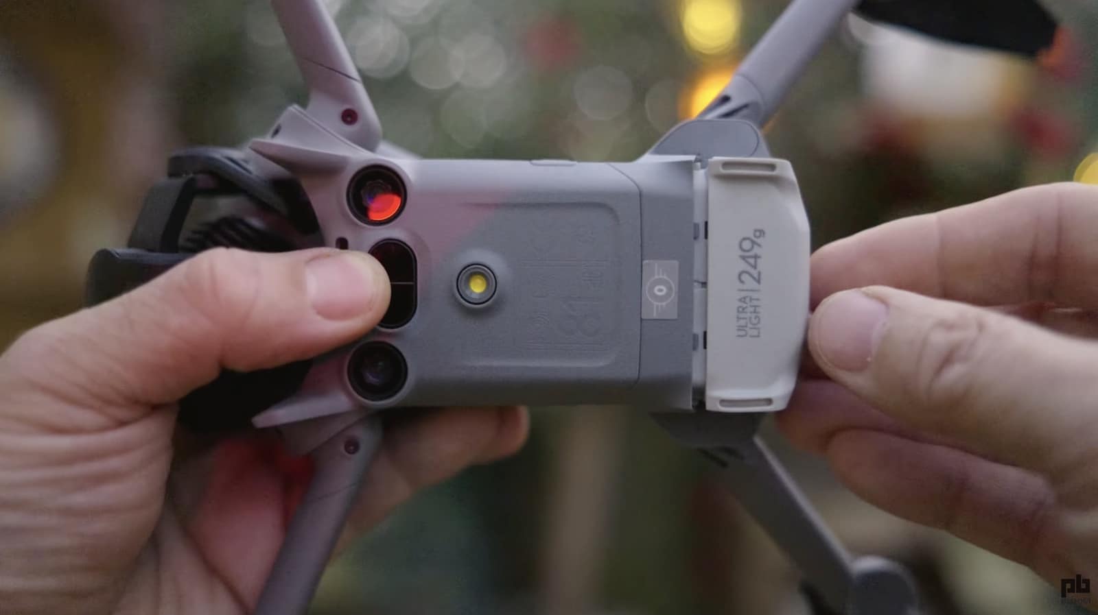 The Mini 5 Pro 24mm-equivalent f/1.8 lens and gimbal assembly.