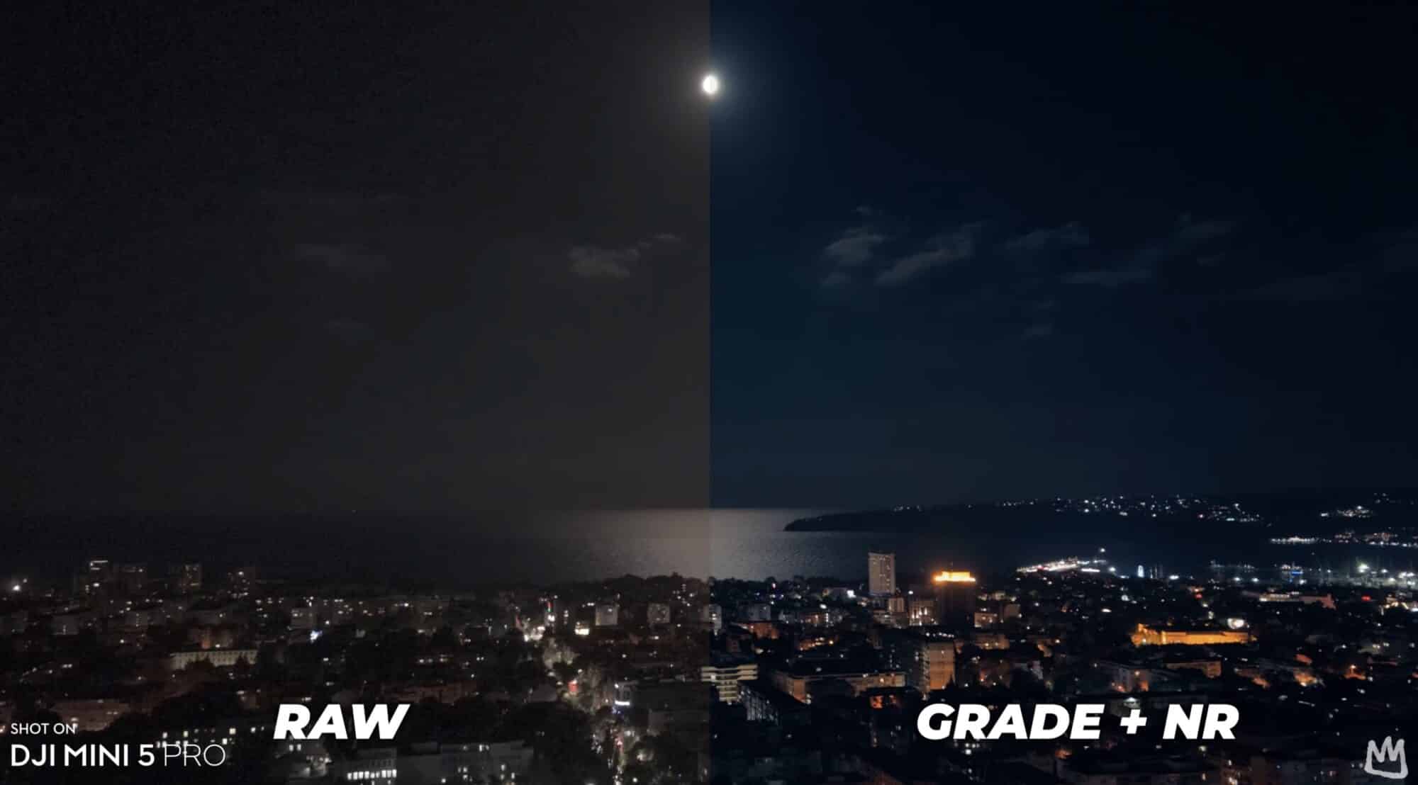Split night aerial of a coastal city comparing raw footage against graded output.