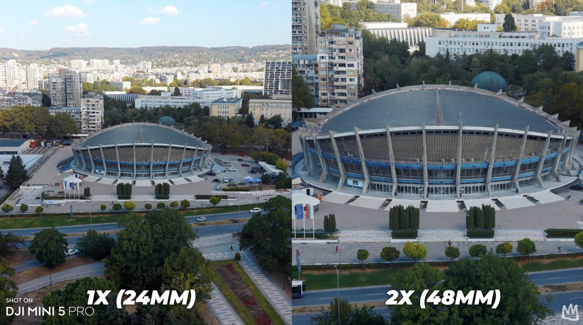 Side-by-side aerials of a domed arena at 24mm and 48mm focal lengths.