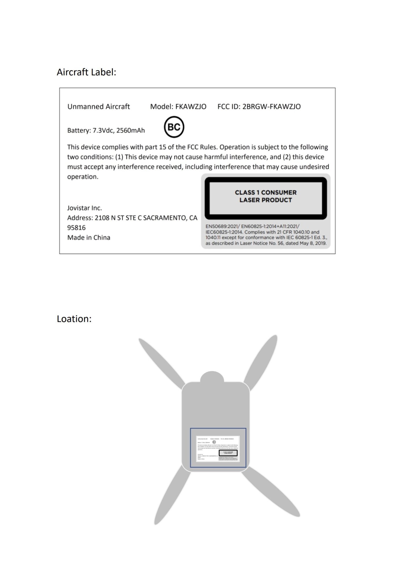 FCC filing page showing a Jovistar aircraft label and its placement on the airframe.