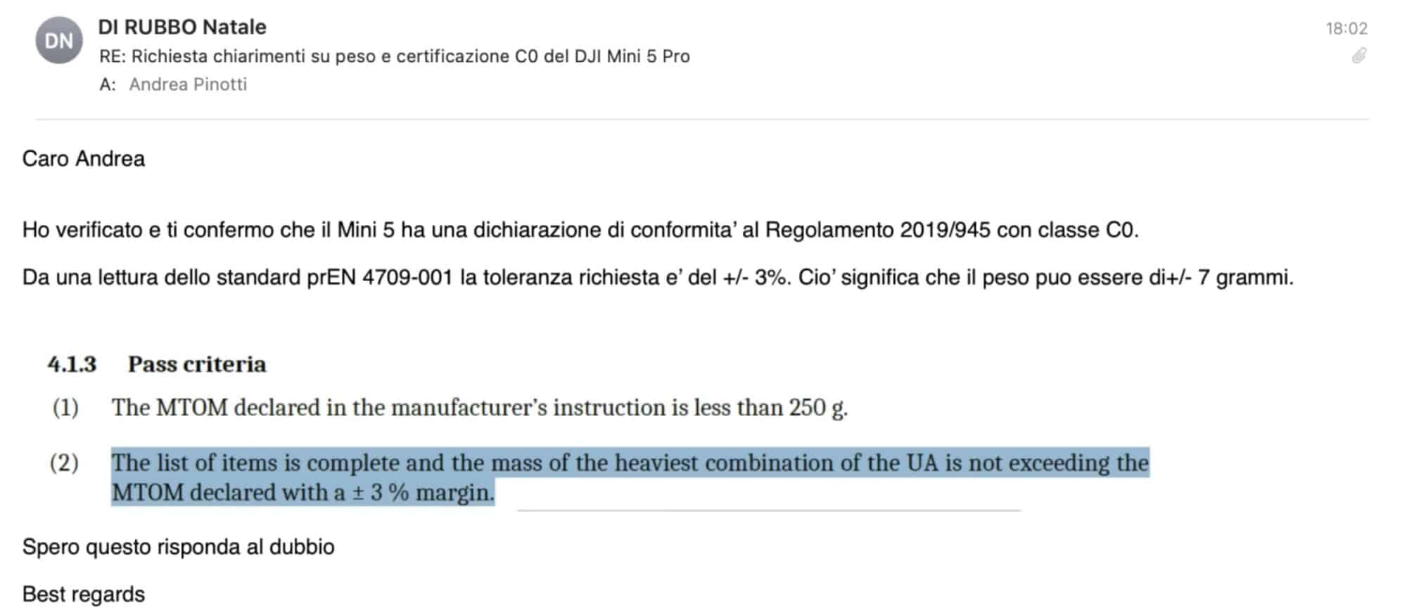 Screenshot of an EASA email confirming C0 conformity and the 3 percent mass tolerance.