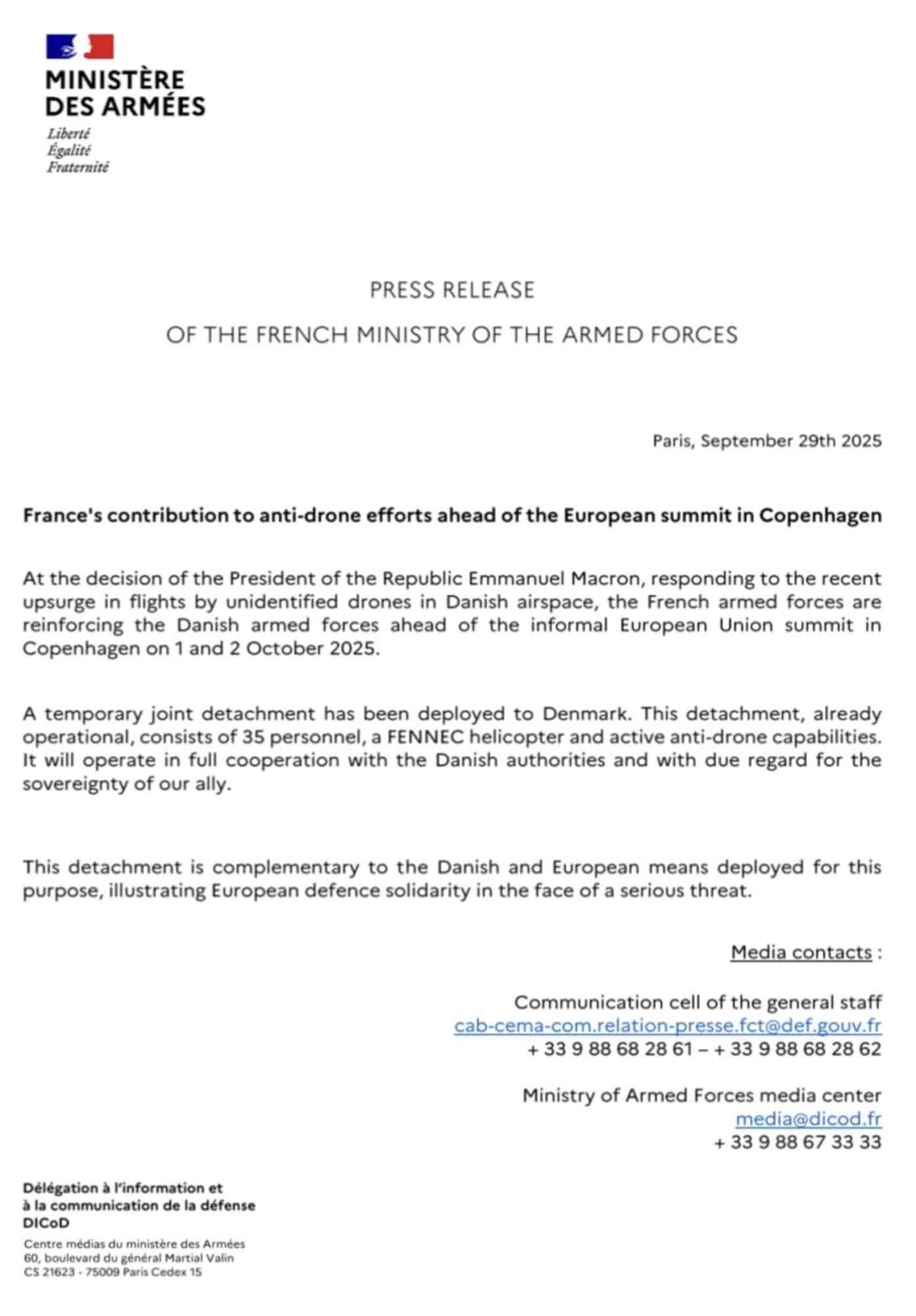 French Ministry of the Armed Forces press release on anti-drone support for the Copenhagen summit.