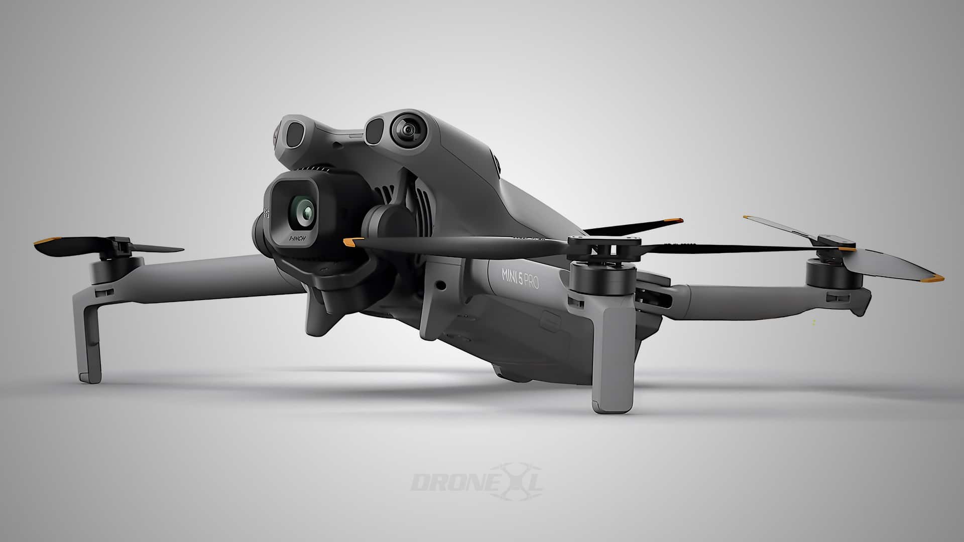 Leaked side view render of the Mini 5 Pro with its gimbal camera forward.