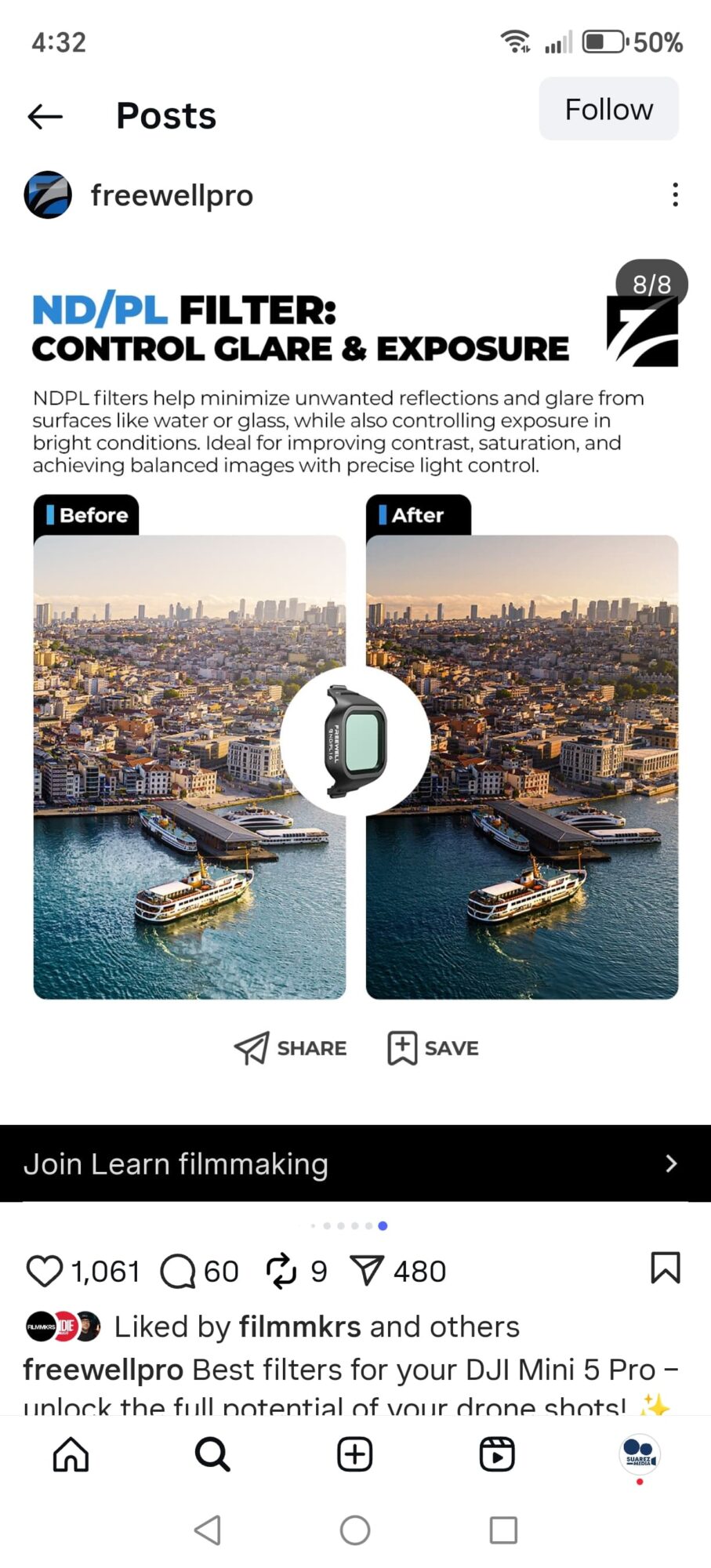 Screenshot of a Freewell Instagram post promoting ND and PL filters with sample shots.