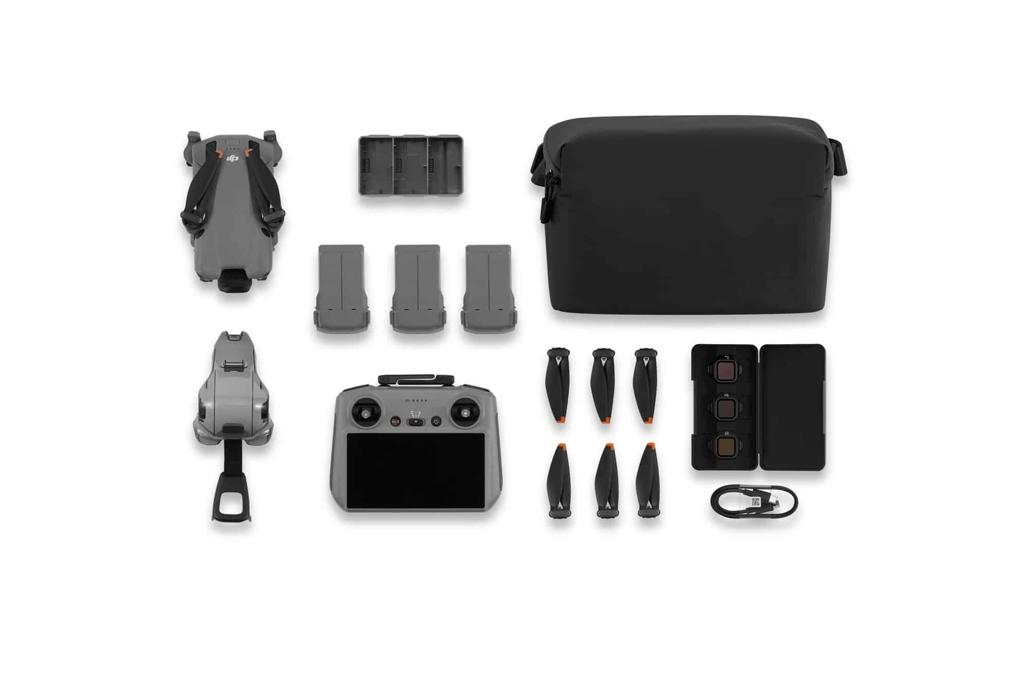 Fly More Combo shown with the screen-equipped RC 2 controller and its carrying bag.