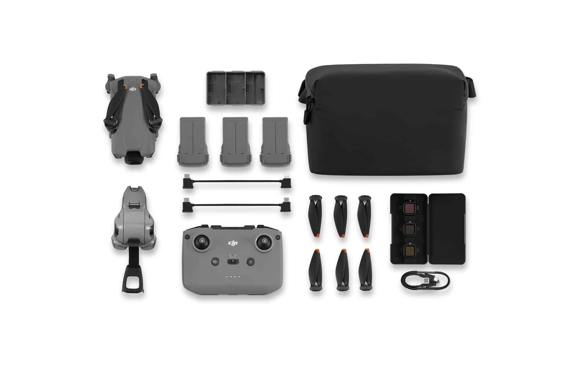 Fly More Combo contents including the RC-N3 controller, three batteries, charging hub and shoulder bag.