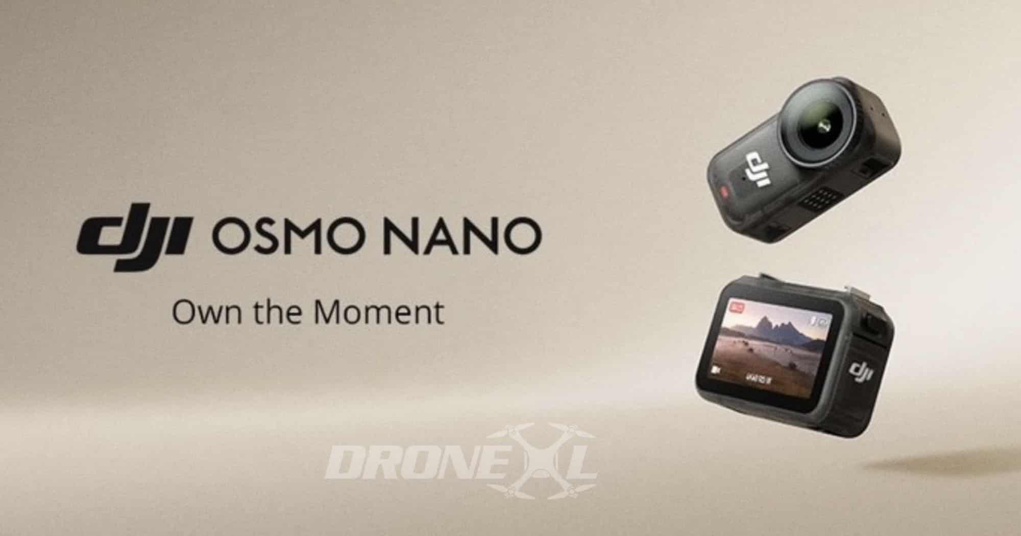 Leaked DJI Osmo Nano action camera showing its lens and rear display with the Own the Moment tagline.
