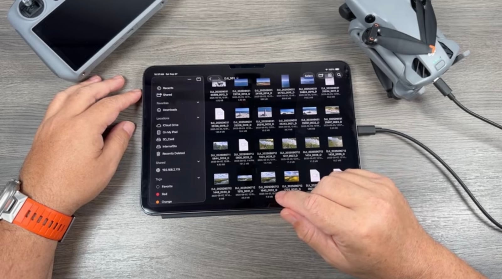Files app on an iPad listing drone clips through a direct cable connection.