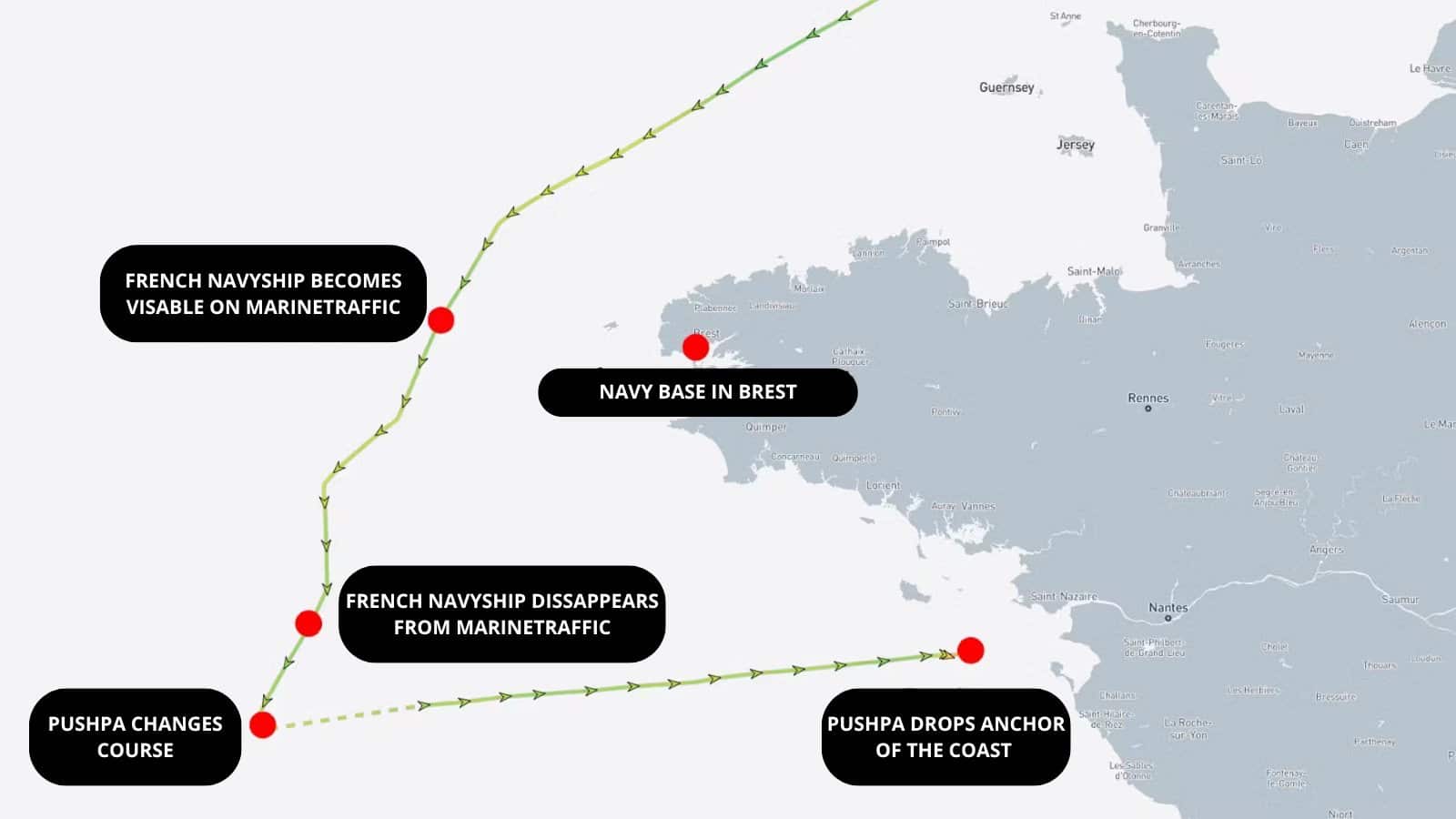 Map tracing the tanker course and French navy movements off the Brittany coast.