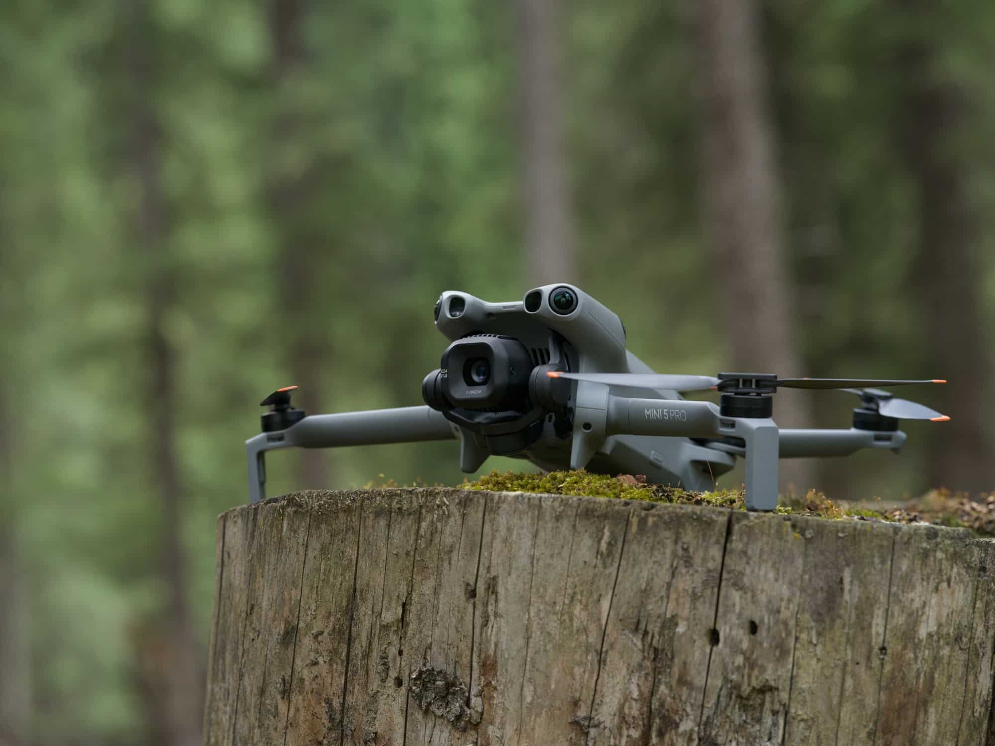 The drone sits fully unfolded on a mossy tree stump in a conifer forest.