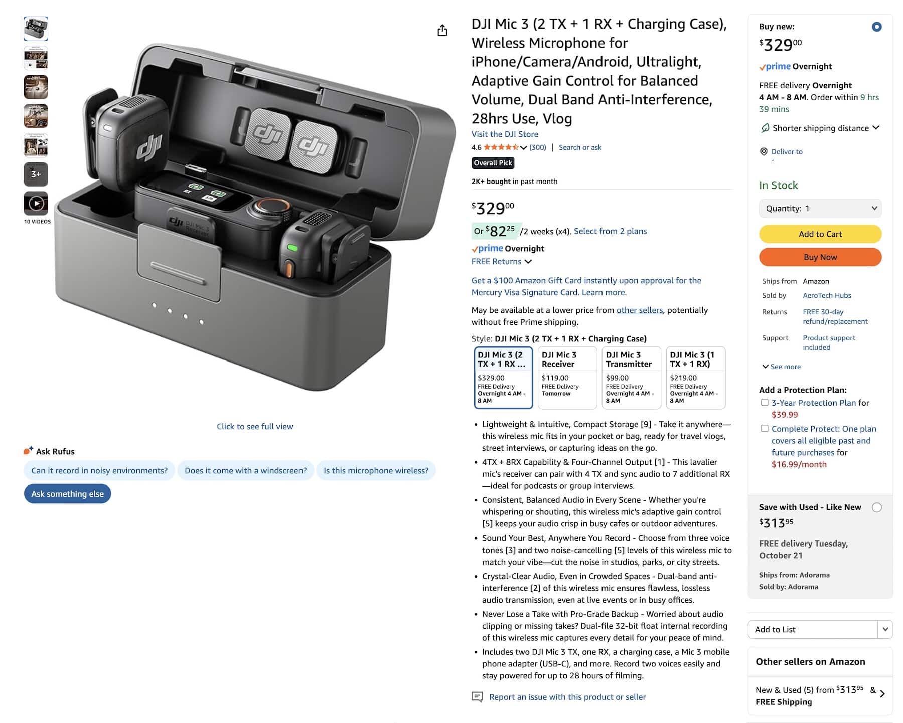 Screenshot of the Amazon listing for the DJI Mic 3 with charging case.