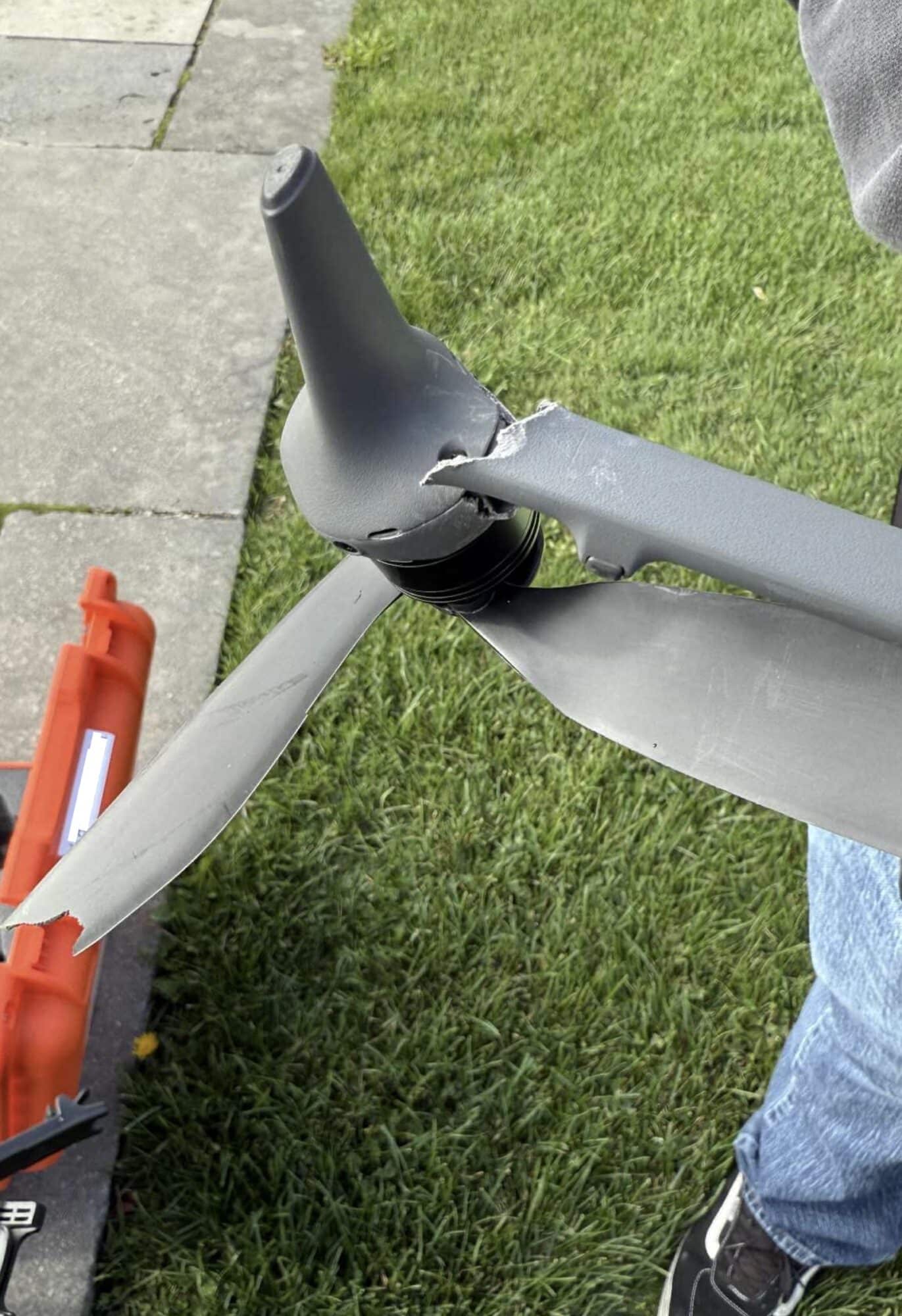Close view of the cracked propeller blade that failed eight seconds into the hover test.