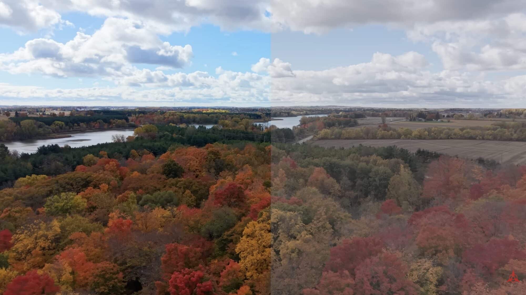 Autumn forest and lake aerial split into four differently graded color panels.