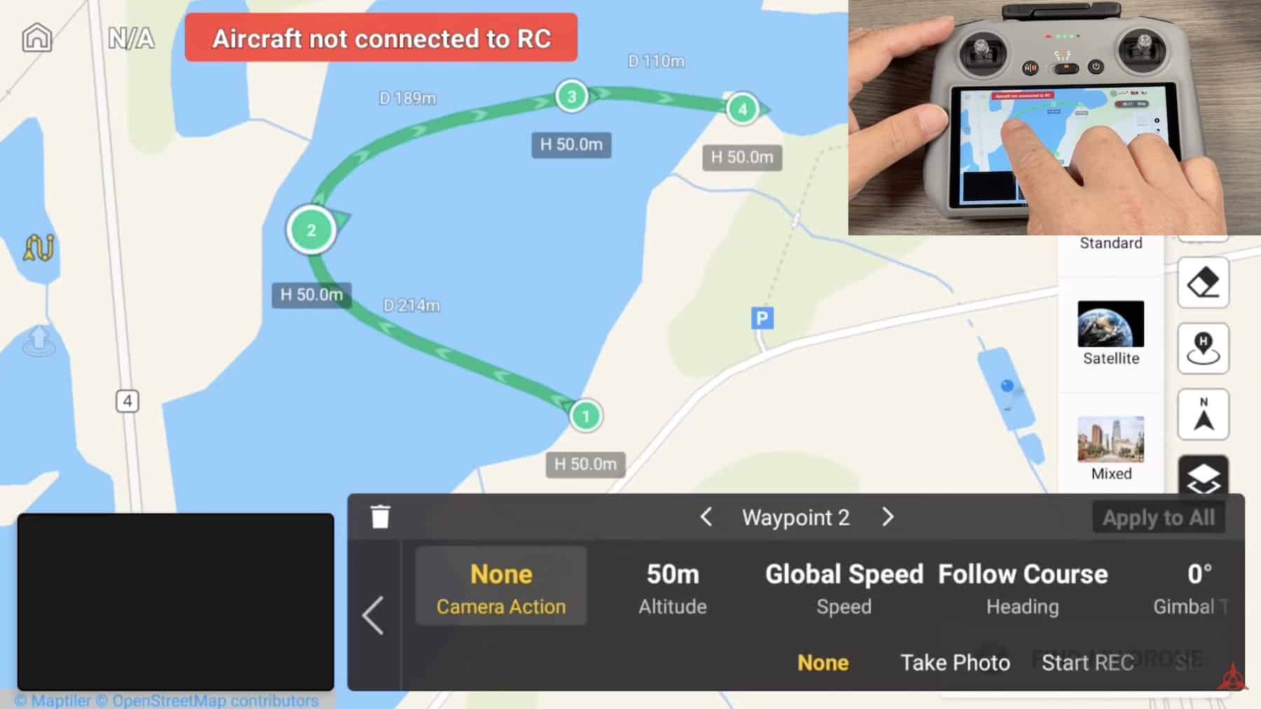 Waypoint mission map with numbered markers and altitude and speed settings.