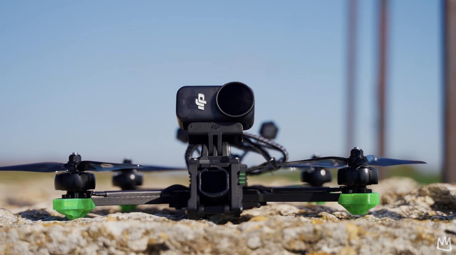 The far smaller Osmo Nano mounted on the same FPV drone.