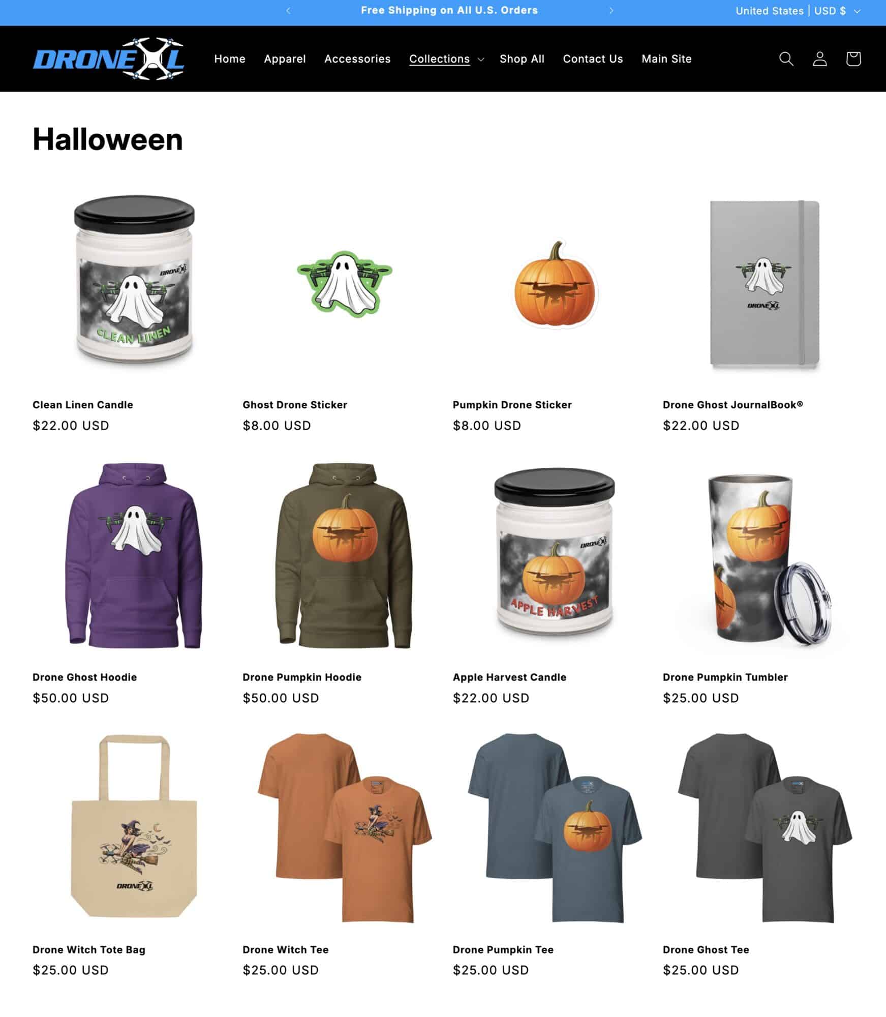 Screenshot of the DroneXL shop Halloween collection with hoodies, tees and candles.