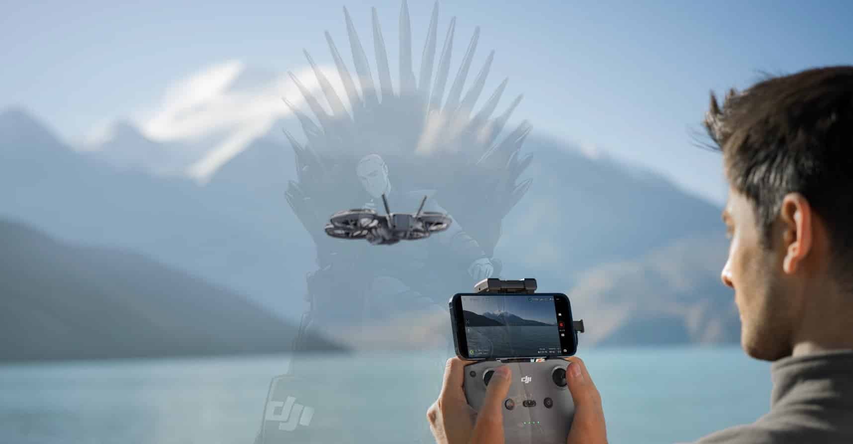 Leaked promotional image of a pilot flying the ducted DJI Neo 2 over a lake.