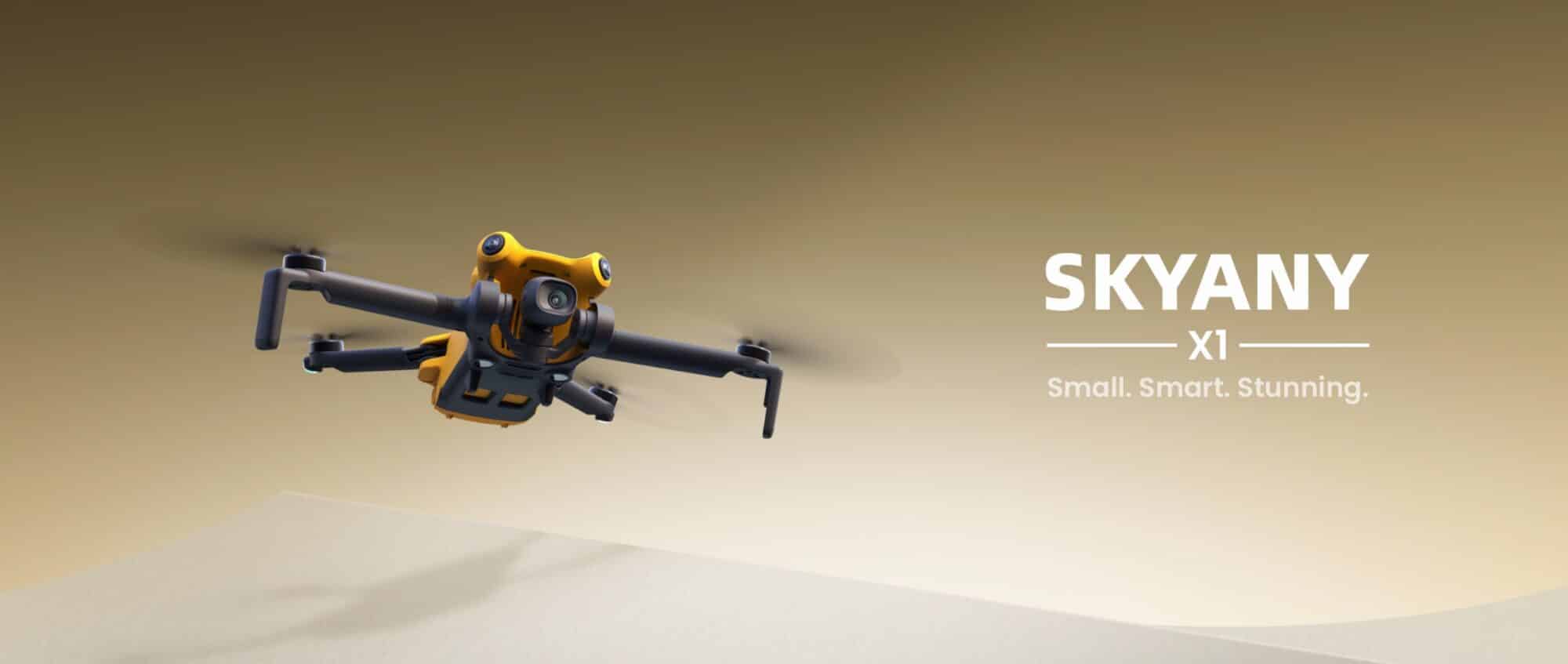 Skyany X1 promotional render of a compact folding drone with its brand tagline.