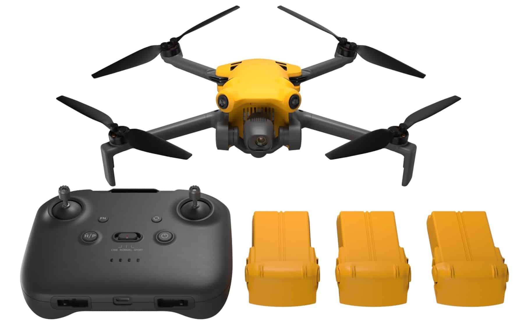 Yellow folding drone shown with its controller and three spare batteries.