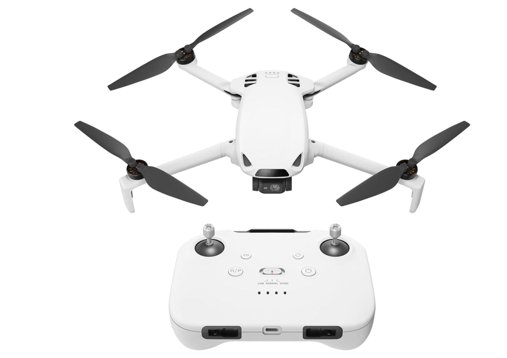 Product render of the white Skyrover S1 quadcopter above its matching controller.
