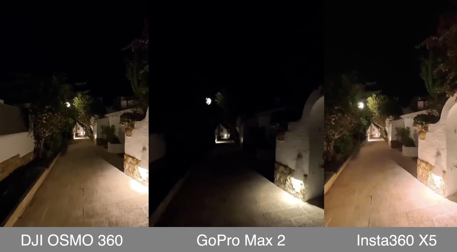 Three-way night comparison of a lit alleyway from the Osmo 360, Max 2 and X5.