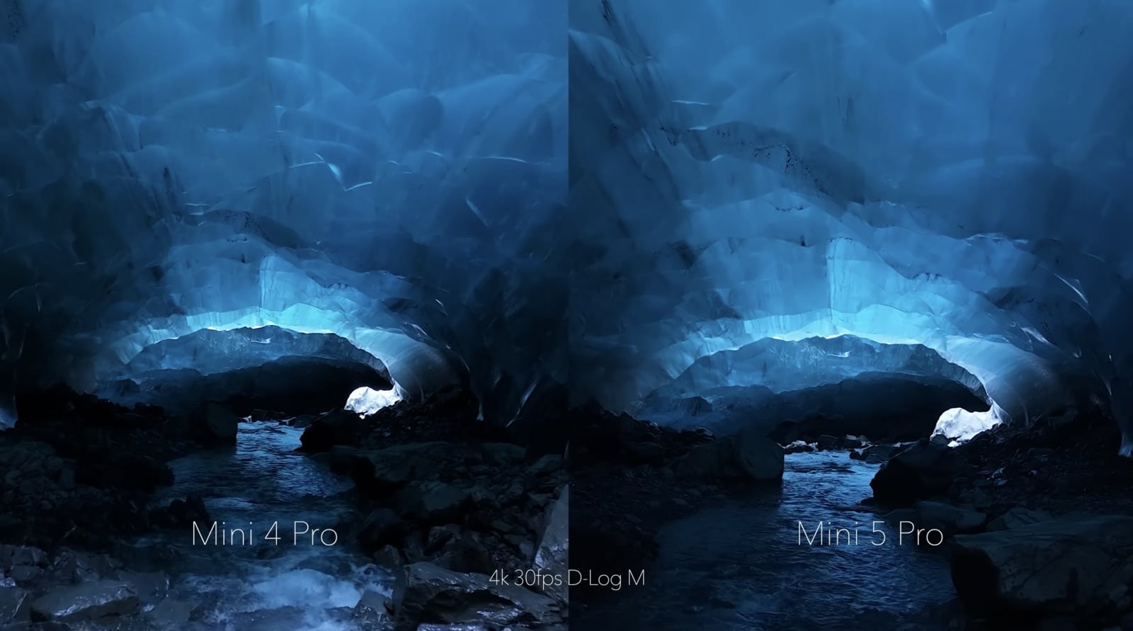 Inside an Alaskan ice cave where both Mini drones were pushed to ISO 12,800.