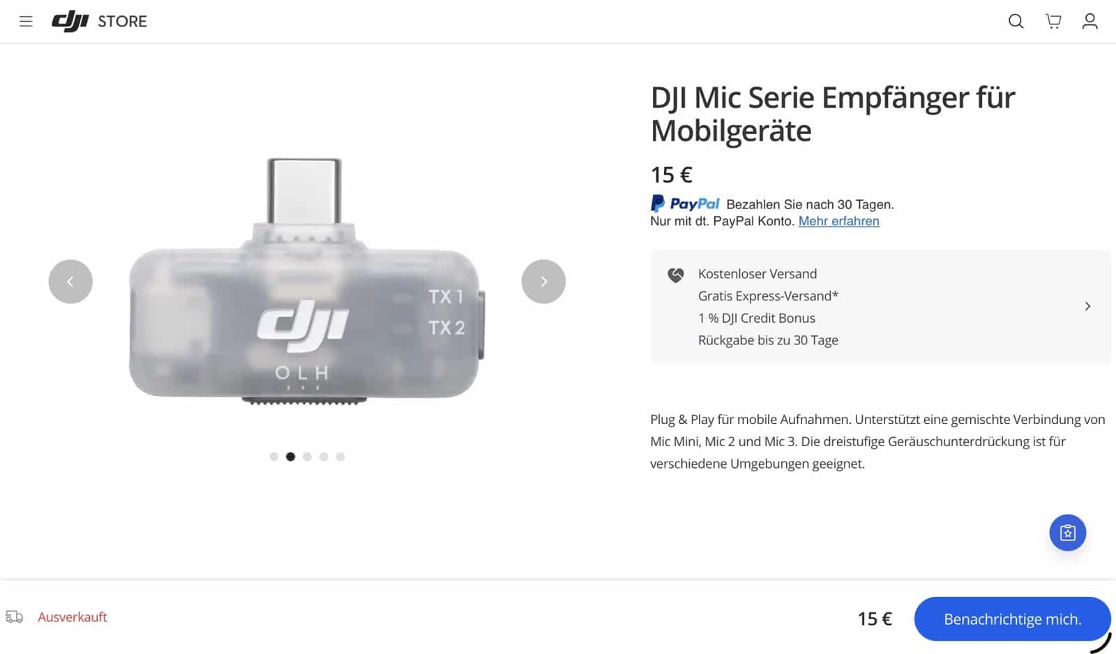 Screenshot of the German DJI Store listing the mobile receiver at 15 euros, sold out.