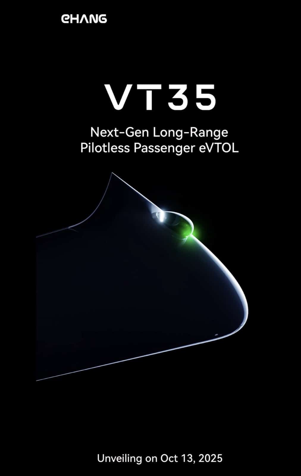 EHang teaser poster announcing the VT35 pilotless passenger eVTOL unveiling on October 13.