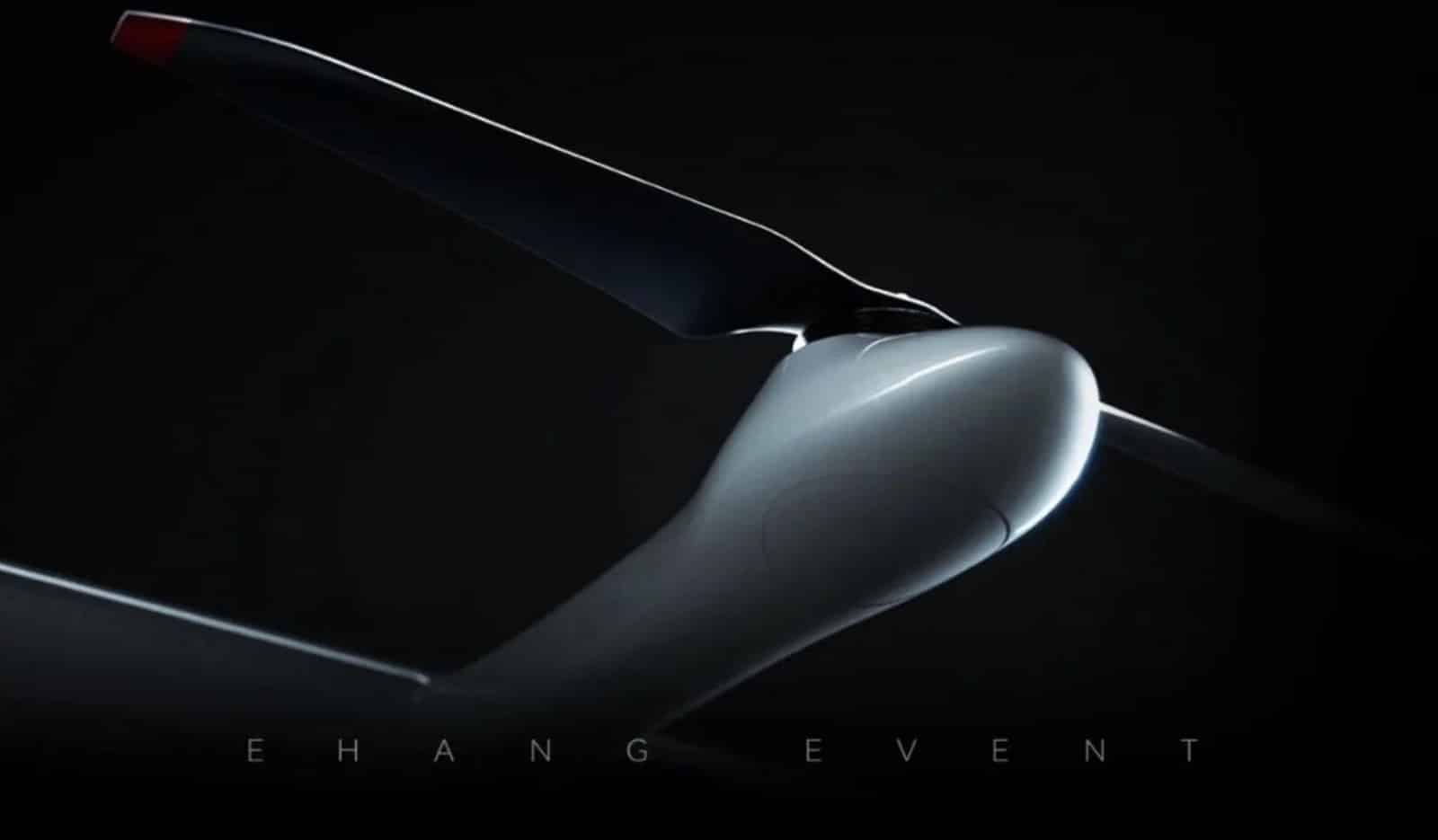 Dark EHang teaser render showing the sculpted fuselage and wing of the VT35 eVTOL.