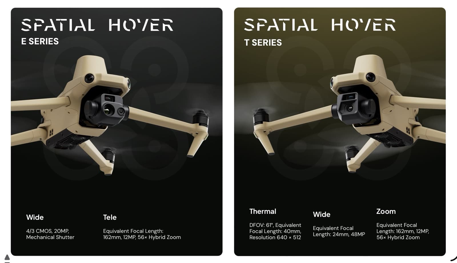 Spatial Hover marketing cards for the beige E Series and T Series drones.