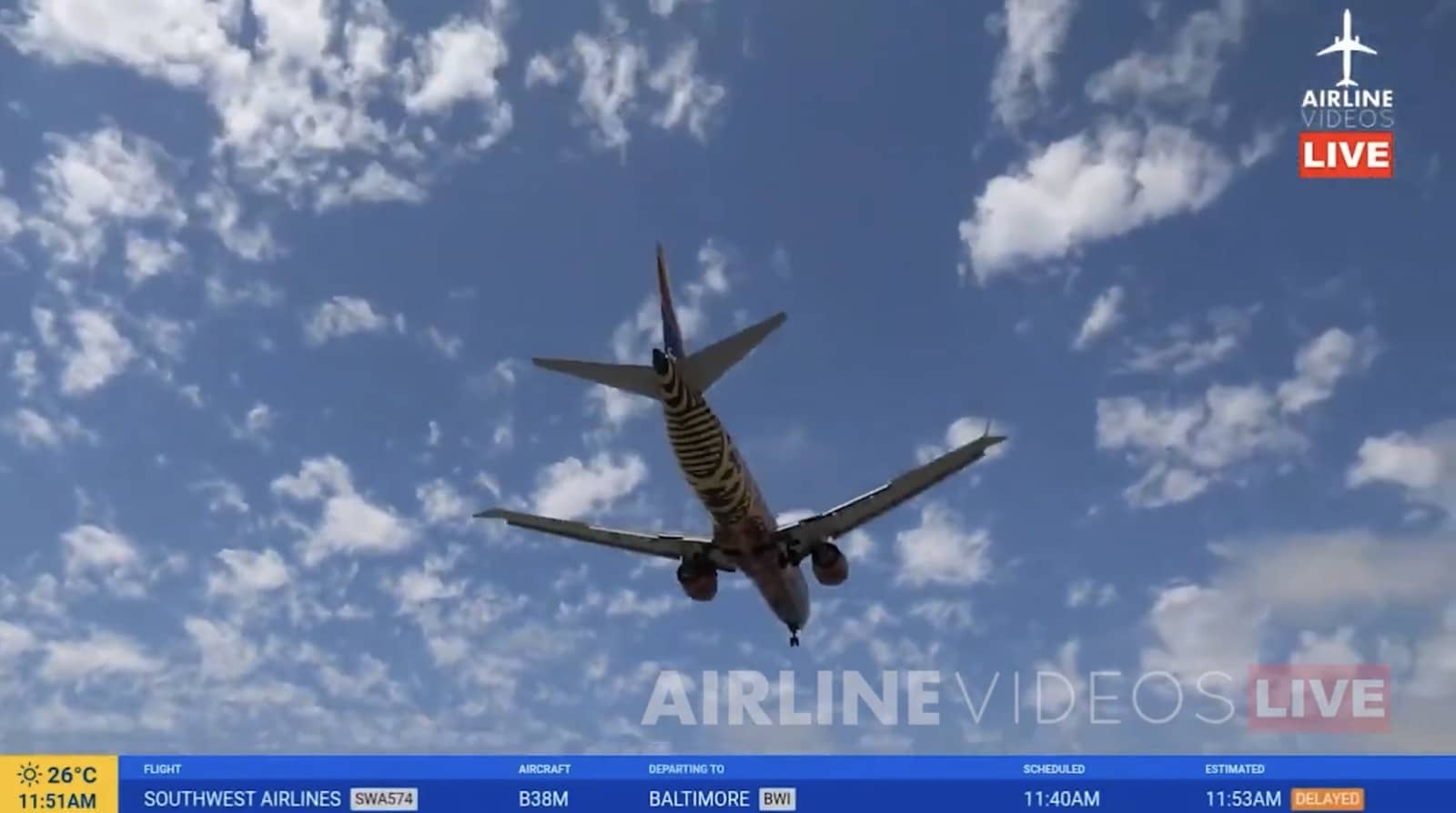 Screenshot of a Southwest Airlines jet on approach in an Airline Videos Live stream.