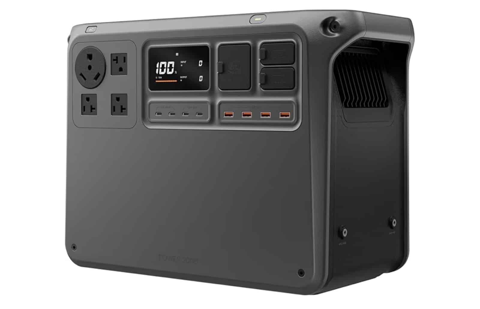 The DJI Power 2000 station showing its status display, AC outlets and USB ports.
