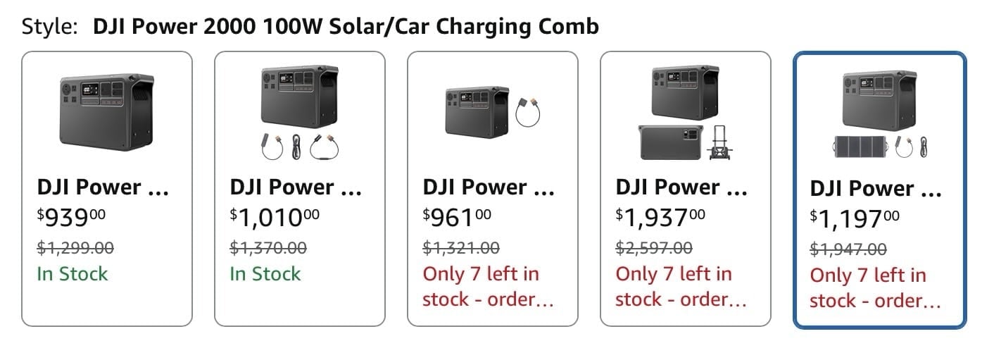 Screenshot of the Amazon listing showing the DJI Power 2000 at 939 dollars.