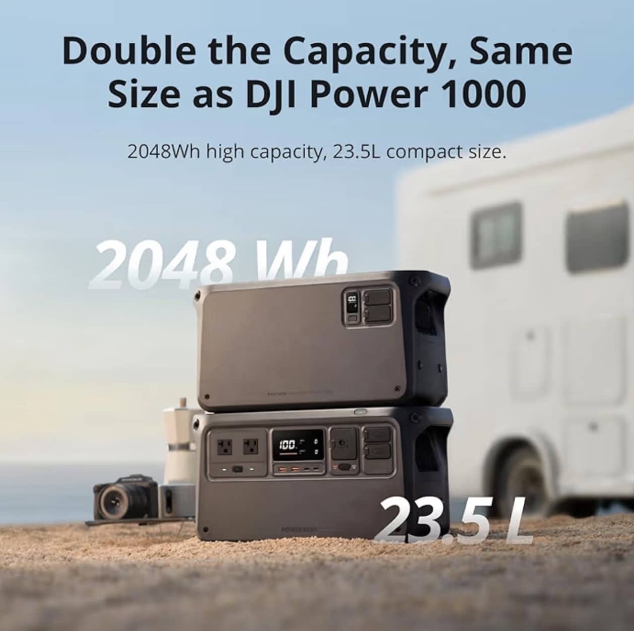 DJI graphic touting 2,048Wh capacity in a compact case parked beside an RV.