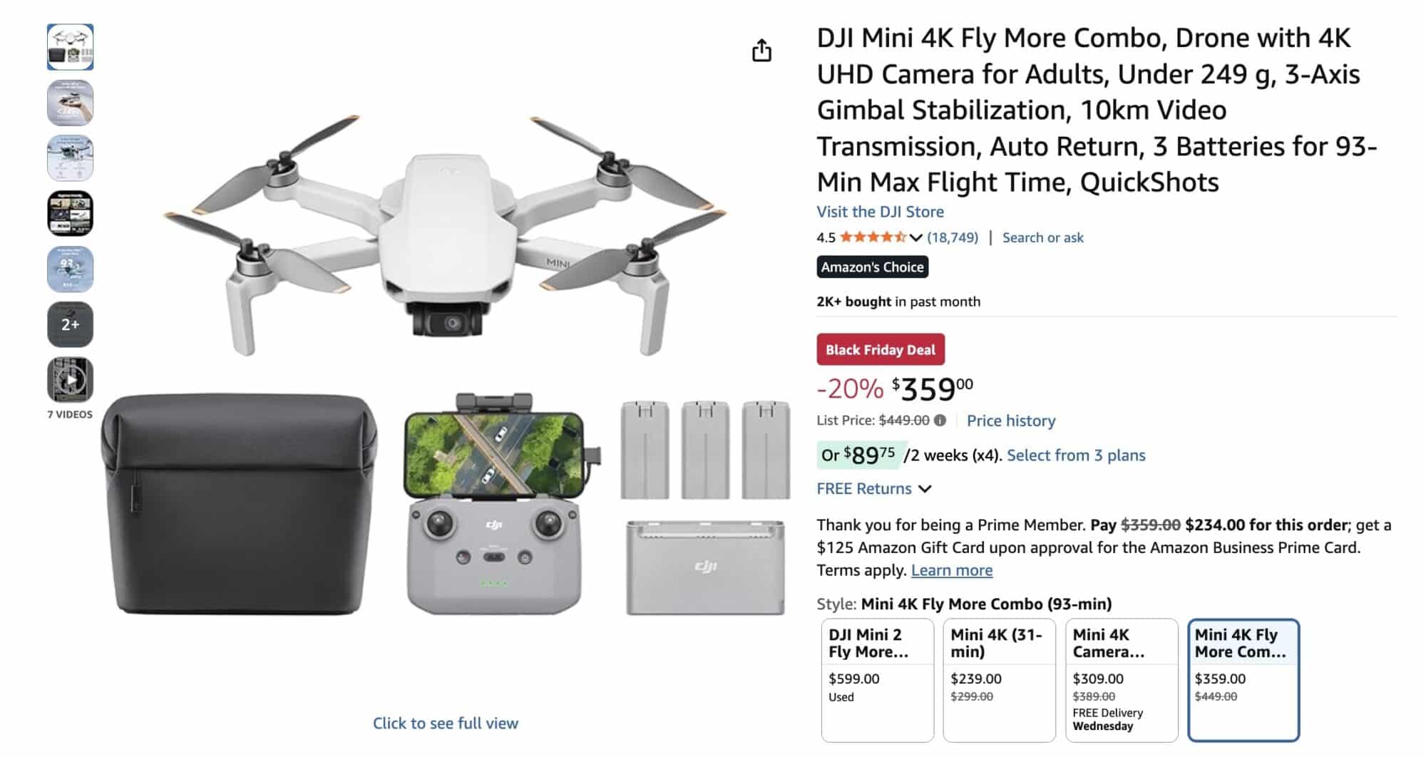 Screenshot of the DJI Mini 4K Fly More Combo listing marked down to $359.